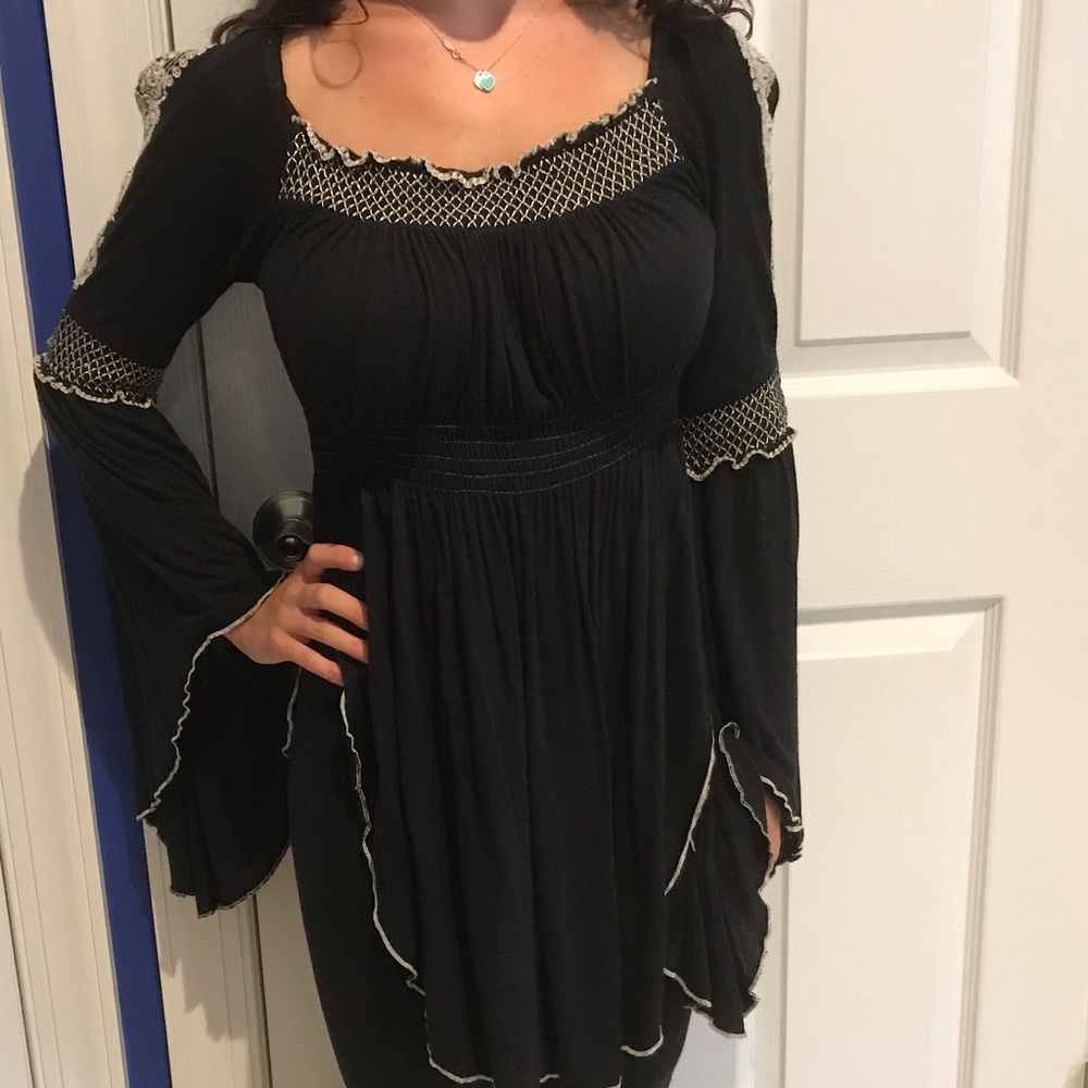 Free People Black Bell Sleeve Peasant Tunic Top with Scalloped Trim